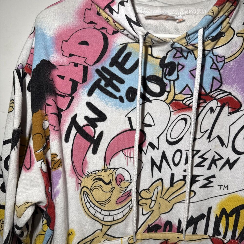 Nickelodeon Ren Stimpy Hey Arnold Rugrats Print ALL OVER Hoodie Y2K 90s Size L - Picture 2 of 6